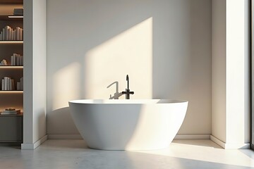 Freestanding bathtub in a minimalist bathroom, showcasing clean contemporary design and serene simplicity.