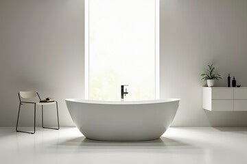 Freestanding bathtub in a minimalist bathroom, showcasing clean contemporary design and serene simplicity.