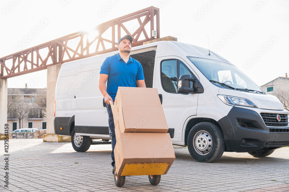 Fototapete Delivery driver transporting packages with hand truck in front of van. Delivery driver concept in a van. Man in blue uniform moving boxes with a hand truck, representing logistics and distribution.