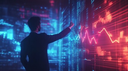Futuristic financial data dashboard with a holographic arrow and a businessman pointing to economic growth.