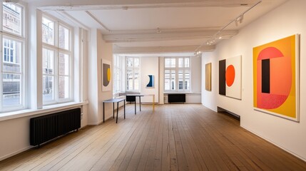 Modern Art Gallery Interior with Colorful Abstract Paintings