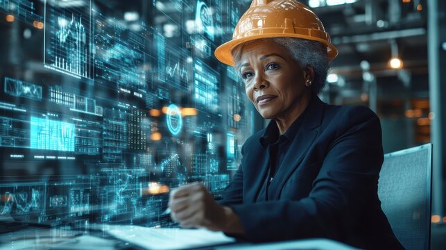 Senior Female Engineer Reviewing Data on Holographic Display