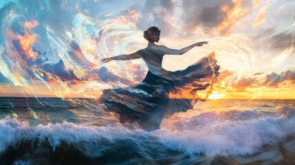 Obraz premium Stunning Double Exposure of Dancer in Artistic Sunset Background