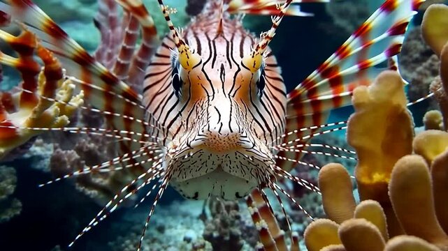 Close-up of a lionfish with intricate details of its fins and face, surrounded by coral.