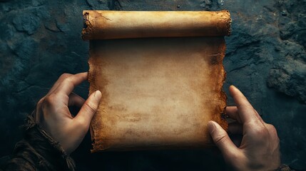 Ancient scroll held with aged, weathered hands.