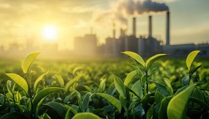 Sunrise tea field, factory pollution, environmental issues