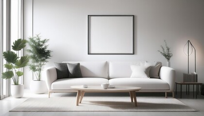 Minimalistic Modern White Living Room Embracing Bold Negative Space Sleek Frame Mockup Amidst Radiant, Pristine Brightness