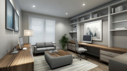 Fototapeta premium Color Scheme and Textures Use neutral colors like white, gray, or beige for the walls to maintain a clean, professional look. 