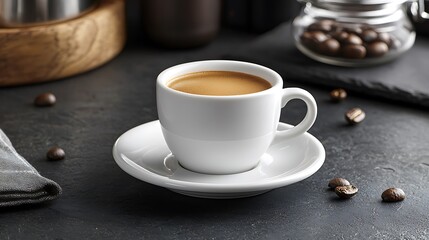 Obraz premium Coffee cup on a table with beans in background, beverage for enjoyment in the morning or anytime
