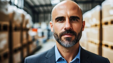 Obraz premium Confident Bald Businessman in Warehouse Setting