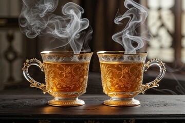 Ornate Tea Glasses Clinking with Steam Celebrating Joyful Connections in an Elegant Setting