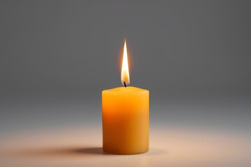 a close up of a lit candle on a plain surface