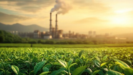 Sunset over tea farm, factory in background