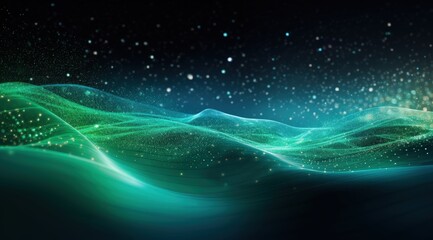 Abstract landscape of glowing green waves and bokeh lights for background, screensaver