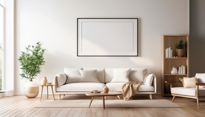 Minimal Modern Living Room in White Sleek and Striking Frame Mockup against a Bright Background, Emphasizing Clean Lines and Elegant Simplicity