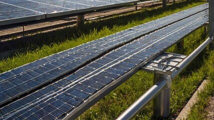 Solar Panel Covered Bike Paths Generating Energy In Sunlight With Green Grass and Metallic Infrastructure Underneath Clear Sky