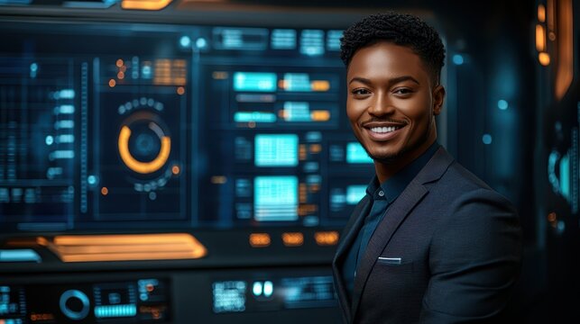 Confident African American Man Smiling in Front of Futuristic Tech Interface