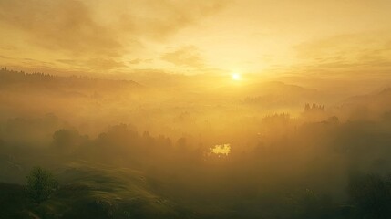 A golden sunrise over rolling misty hills, casting warm light over the landscape. The soft haze creates depth, enhancing the peaceful and scenic countryside view. Generative AI