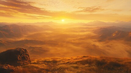 Naklejka premium A golden sunrise over rolling misty hills, casting warm light over the landscape. The soft haze creates depth, enhancing the peaceful and scenic countryside view. Generative AI