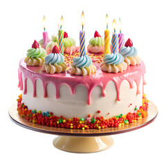 birthday cake with candles isolated on transparent white background, clipping path