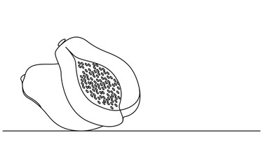 Continuous single one line drawing of fresh papaya exotic tropical fruit, Continuous one line drawing of sliced healthy organic papaya for orchard logo identity