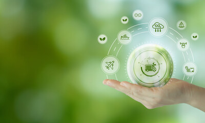 Sustainable logistics and supply chain concept. Green transportation methods, including air, sea,...