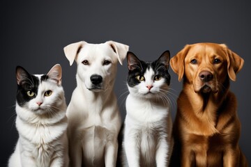 there are three cats and a dog sitting together on a table