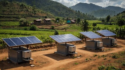 Solar Panels Installed On Rural Homes in Green Landscape Daytime Clean Energy