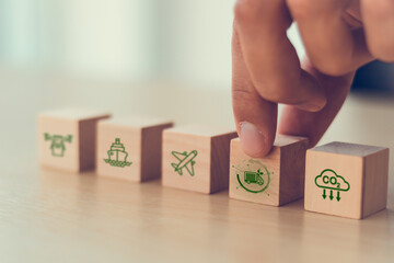 Sustainable logistics and supply chain concept. Green transportation methods, including air, sea,...