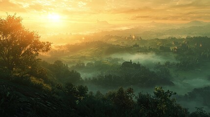 Fototapeta premium A golden sunrise over rolling misty hills, casting warm light over the landscape. The soft haze creates depth, enhancing the peaceful and scenic countryside view. Generative AI