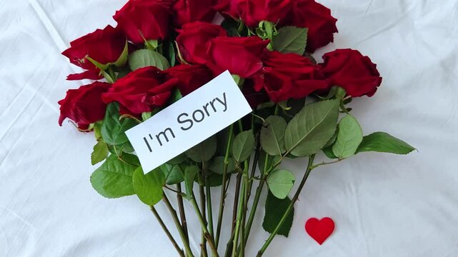 Bright bouquet of red roses with white card with the inscription text i am sorry, the concept of apologies.