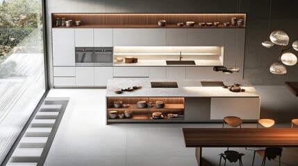 Contemporary European kitchen with handleless cabinets, a waterfall-edge island, and hidden lighting, top view.