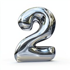 Number 2 made of reflective liquid metal with smooth flowing edges isolated on a clean white background