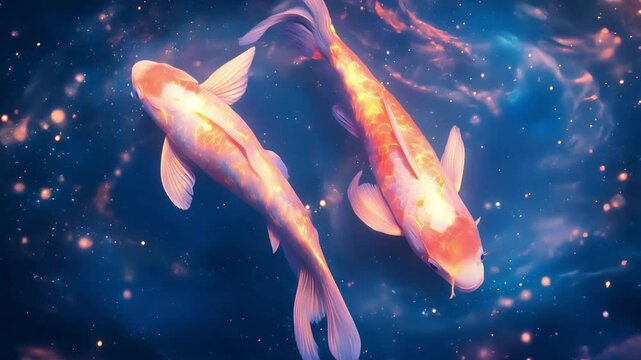 A mesmerizing digital painting of two glowing koi fish swimming in a cosmic, dreamlike water realm. Their shimmering scales reflect a celestial glow, symbolizing harmony and balance.