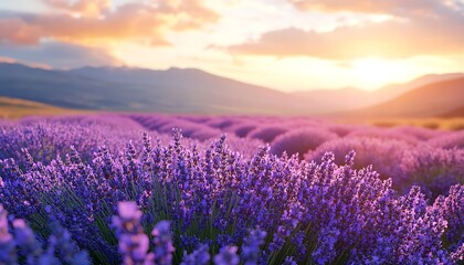 Fototapeta premium Sunset Lavender Field, Mountains