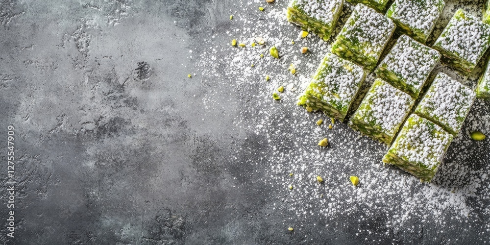 Poster delicious green pistachio squares lightly dusted with powdered sugar arranged on a dark grey stone s