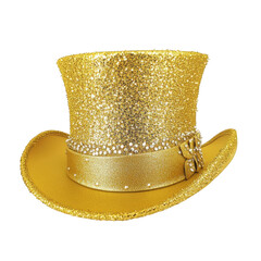 A stylish gold top hat with shimmering glitter details, transparent background, PNG