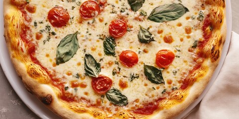 Aerial view of a Margherita pizza with vibrant red tomatoes and fresh green basil leaves positioned centrally on a round white plate