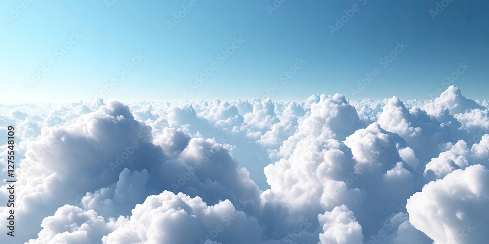 Poster expansive white fluffy clouds layered above a serene clear blue sky creating a tranquil atmospheric 