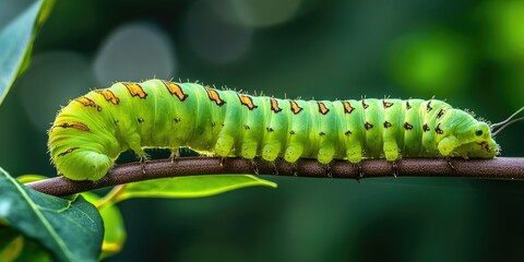Vibrant green caterpillar with yellow stripes crawls on a brown stem surrounded by lush greenery and soft bokeh background in a natural garden.