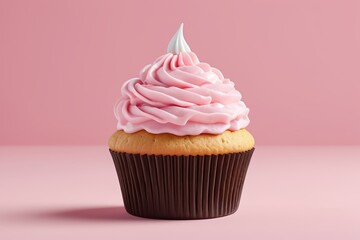 there is a cupcake with pink frosting on a pink surface