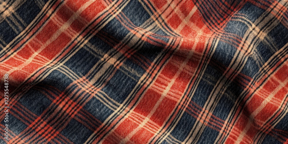 Poster Texture of a woven plaid fabric featuring red, navy blue, and beige stripes in a dynamic wave pattern with soft shadow highlights.