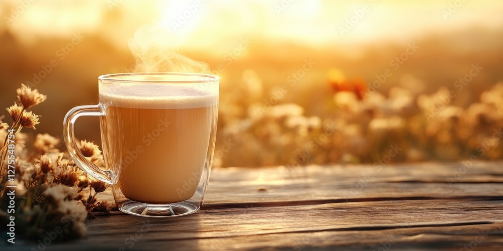 Poster steaming latte in a clear glass cup on a rustic wooden table with blooming flowers at sunrise creati