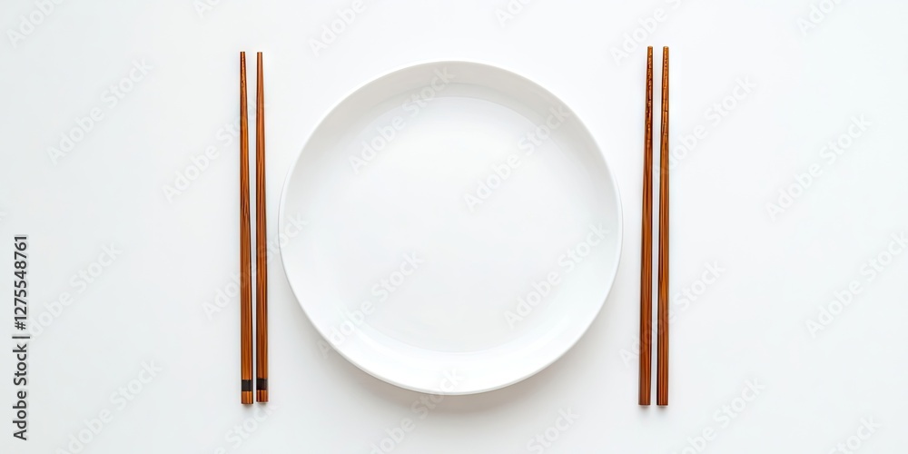 Aufkleber Plain white plate centered on a spotless white background flanked by two pairs of brown chopsticks creating a minimalist dining setting