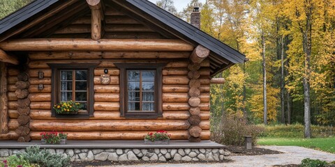 Rustic wooden cabin with log walls and dark trim surrounded by autumn foliage, featuring flower boxes under windows and a stone pathway.