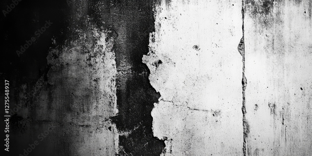 Poster textured black and white wall with cracked paint features, uneven distribution of dark and light are