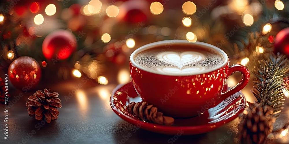 Poster festive red coffee cup on a saucer surrounded by pinecones and sparkling christmas lights with blurr