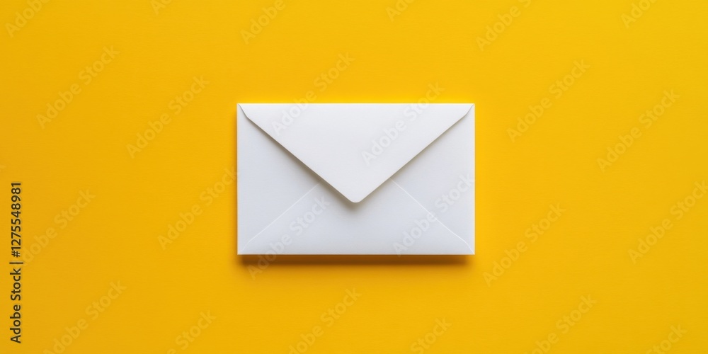 Poster white envelope placed centrally on a vibrant yellow backdrop, captured from an overhead perspective,