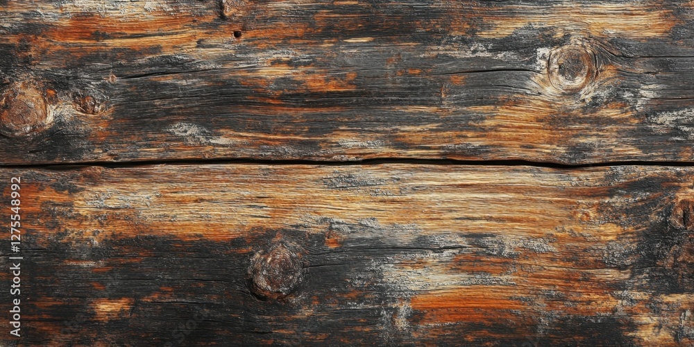 Poster Textured aged wooden surface displaying rich browns and blacks with visible knots and weathered grain patterns across horizontal planks.
