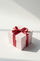 Fototapeta premium A delicately wrapped present, a pale pink box adorned with a rich crimson ribbon, sits bathed in sunlight, a symbol of thoughtful gifting